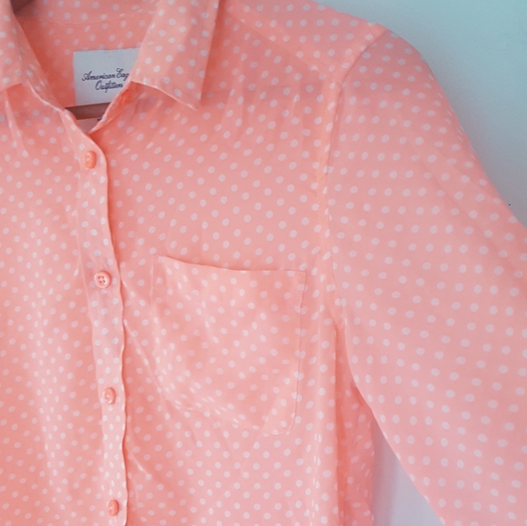 AMERICAN EAGLE Pink/Coral Polka Dot Sheer Chiffon Button Up Blouse - Picture 3 of 8